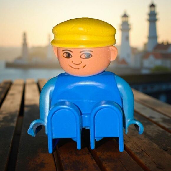 Vintage LEGO Duplo Male Figure Blue Legs Blue Top with Yellow Cap Figure A37 - Picture 1 of 6